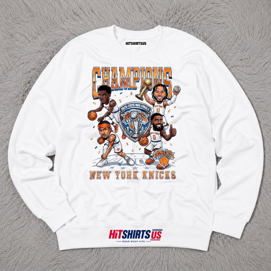 New York Knicks 2025 2026 Finals Champions Trophy Caricature Long Sleeve New York Knicks 2025 2026 Finals Champions Trophy Caricature Long Sleeve