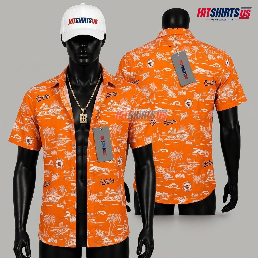 Baltimore Orioles Aloha Shirt Island Palm Sunset Print Front