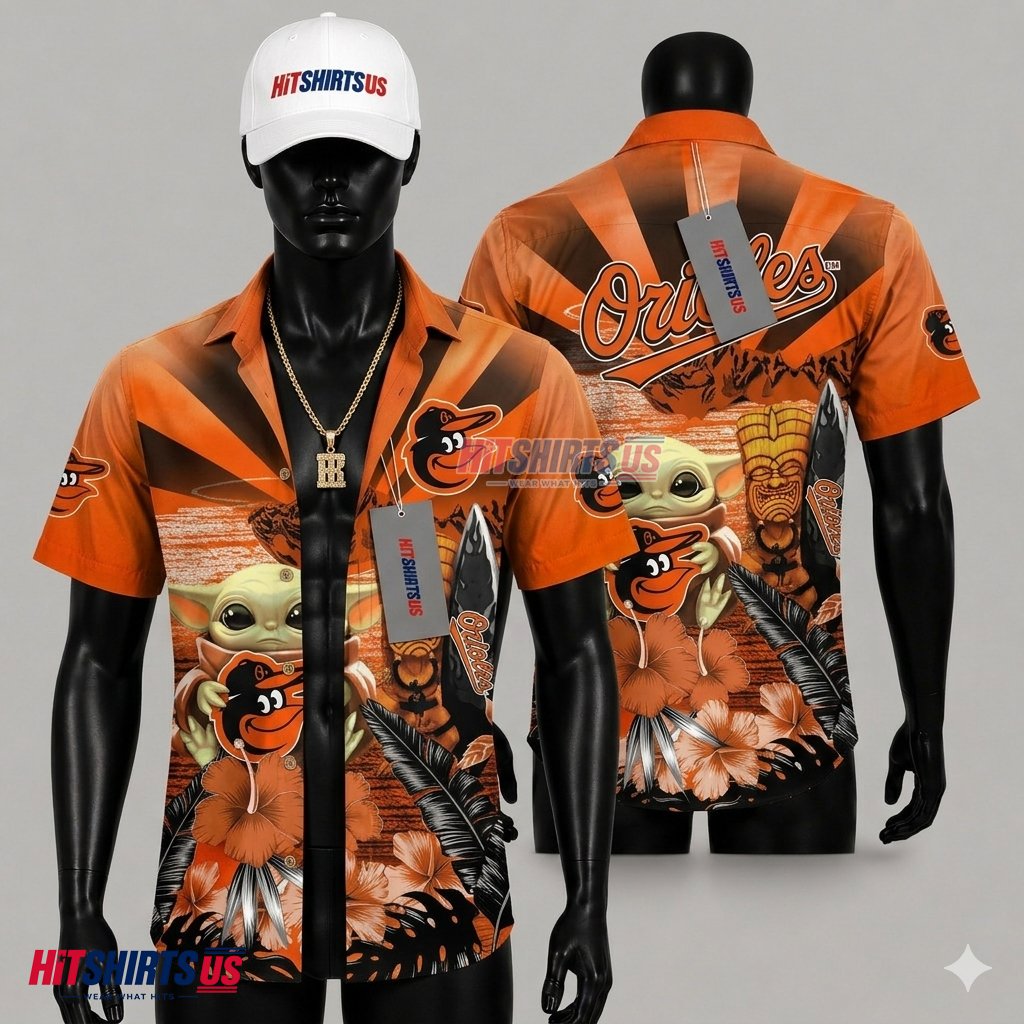 Baltimore Orioles Aloha Shirt MLB Baby Yoda Tiki Surfboard Front