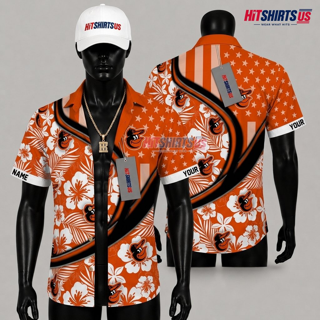 Baltimore Orioles Hawaiian Shirt Custom Name Hibiscus Pattern Front
