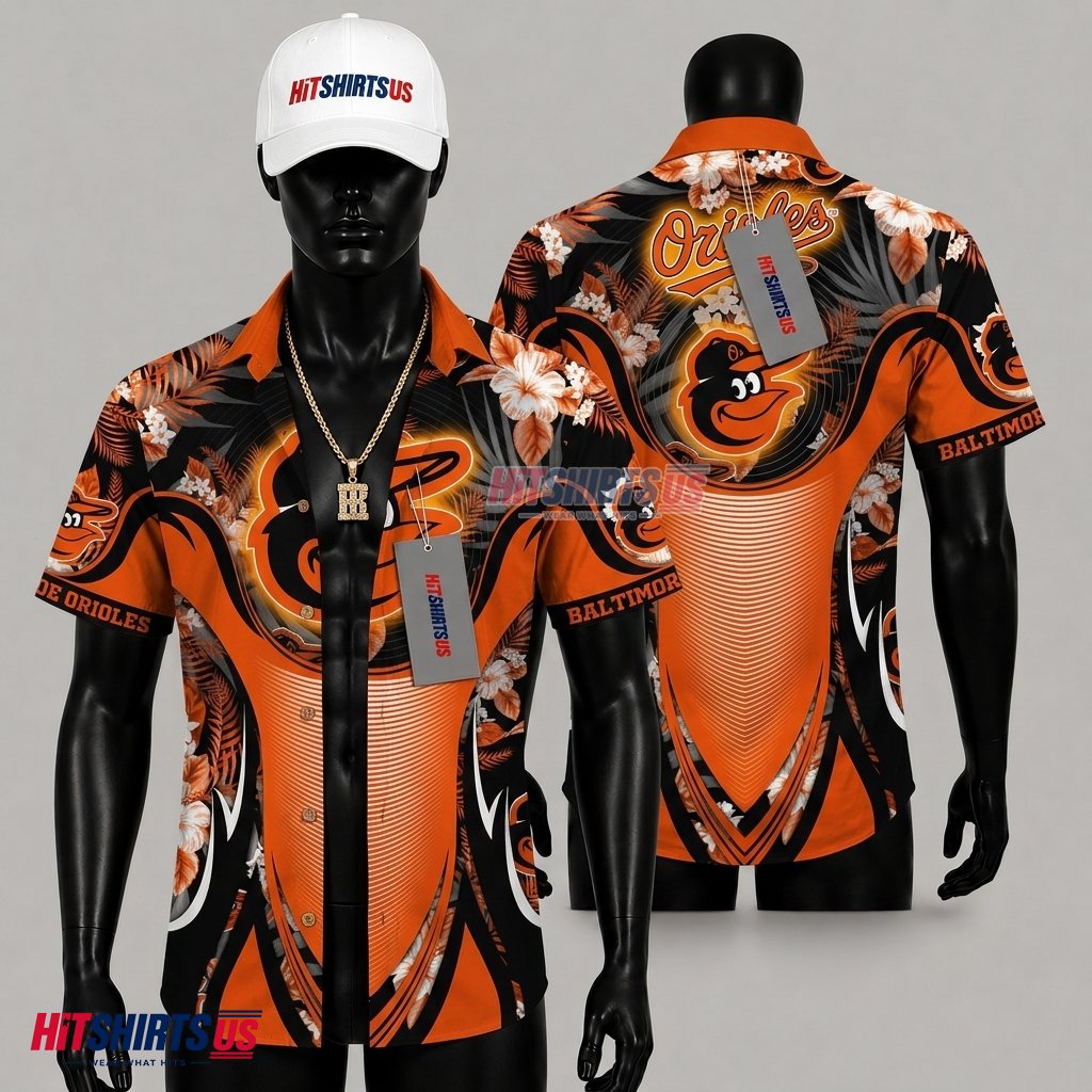 Baltimore Orioles Hawaiian Shirt MLB Neon Glow Dark Hibiscus Front