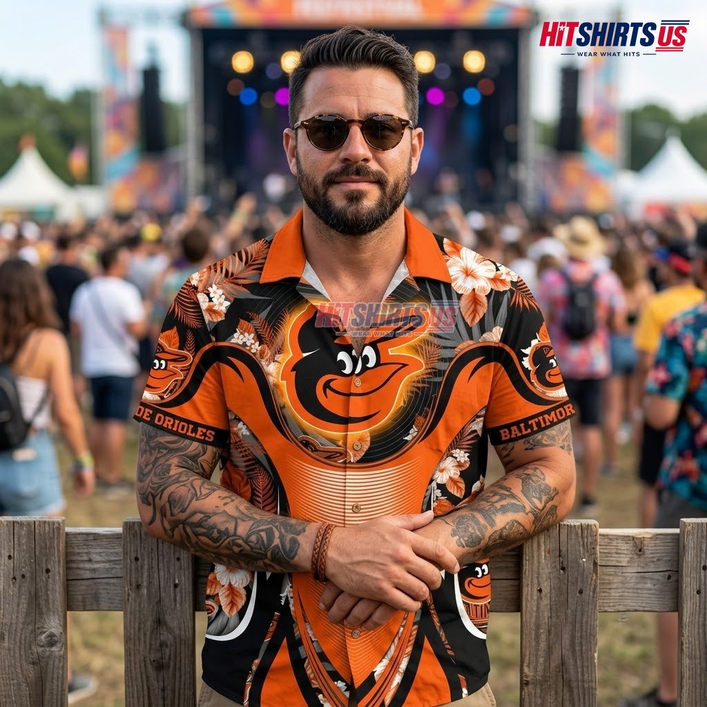 Baltimore Orioles Hawaiian Shirt MLB Neon Glow Dark Hibiscus Back Baltimore Orioles Hawaiian Shirt MLB Neon Glow Dark Hibiscus Back
