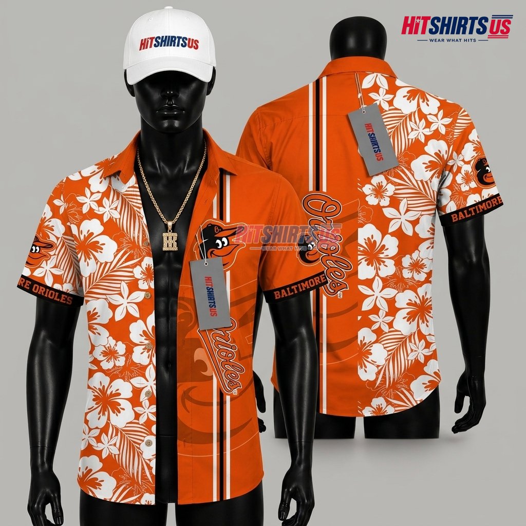 Baltimore Orioles Hawaiian Shirt Split Panel Hibiscus Stripe