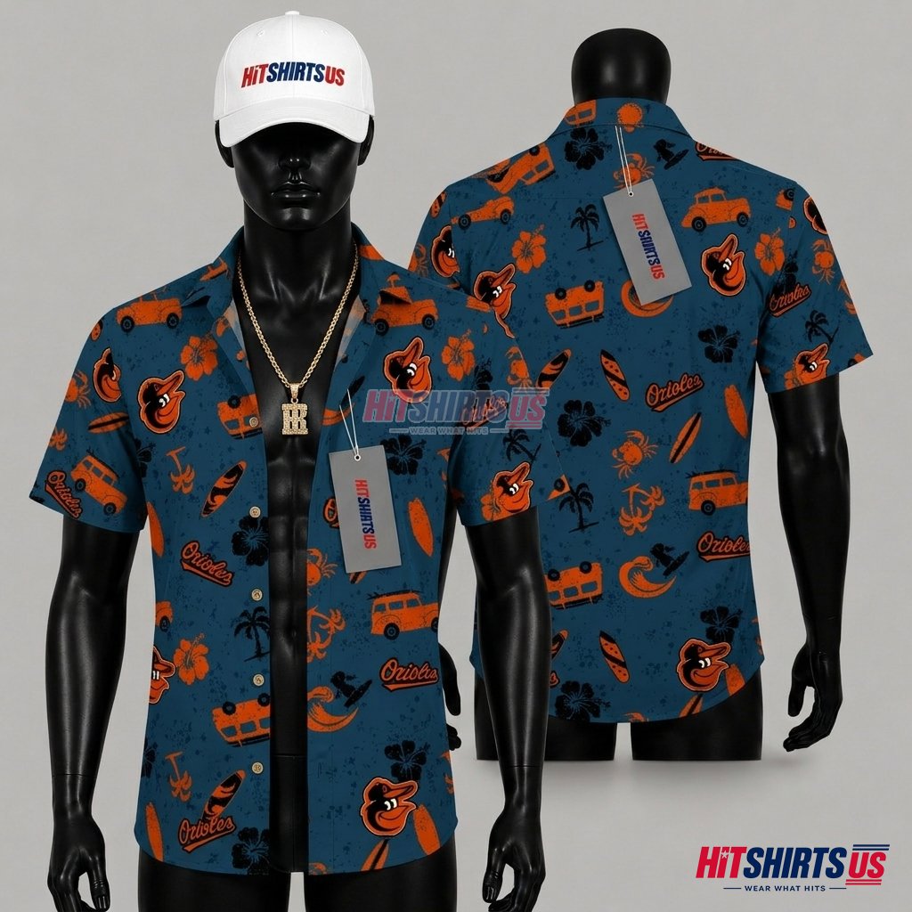 Baltimore Orioles Hawaiian Shirt Surf Crab Beach Wagon Front