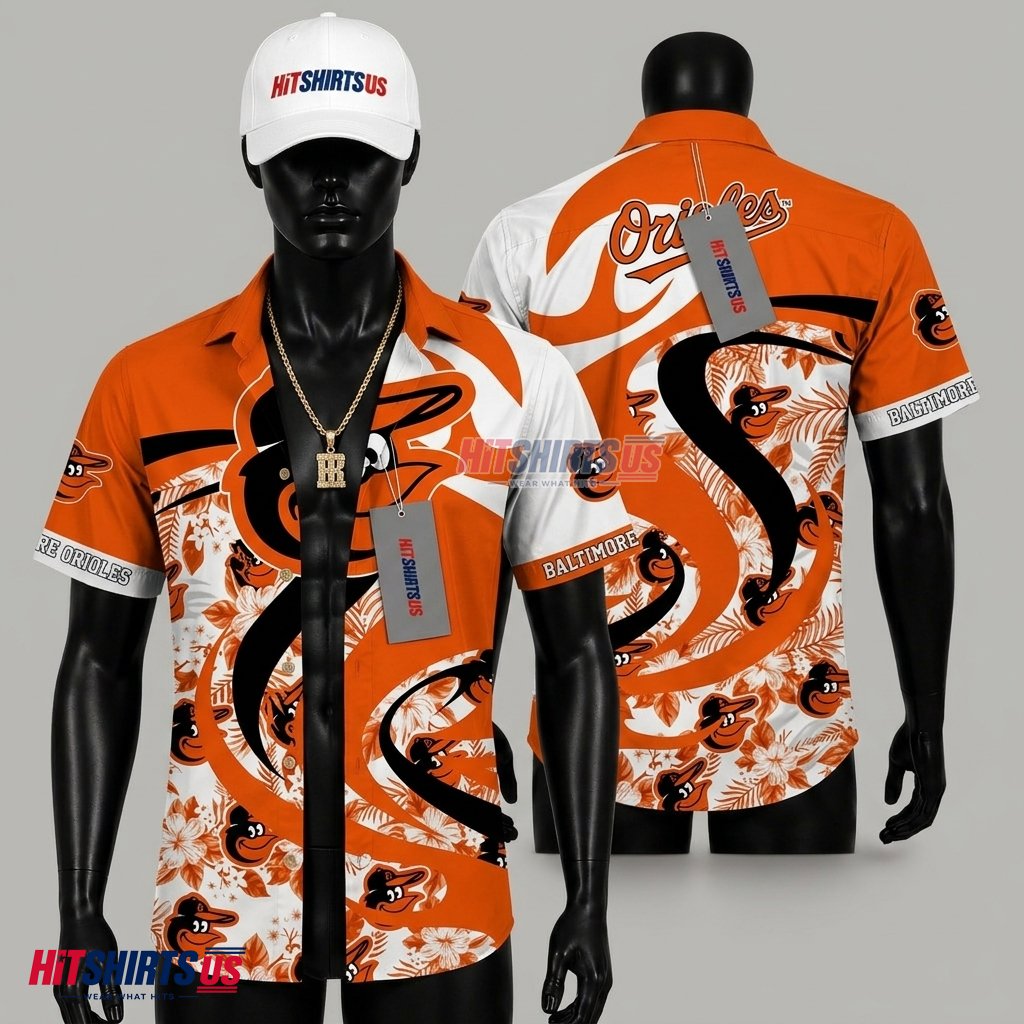Baltimore Orioles Hawaiian Shirt Swirl Fern Mascot Design Front
