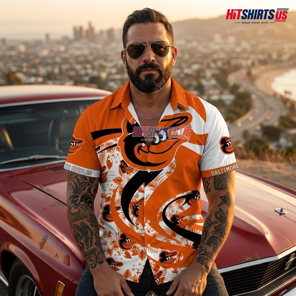 Baltimore Orioles Hawaiian Shirt Swirl Fern Mascot Design Back Baltimore Orioles Hawaiian Shirt Swirl Fern Mascot Design Back