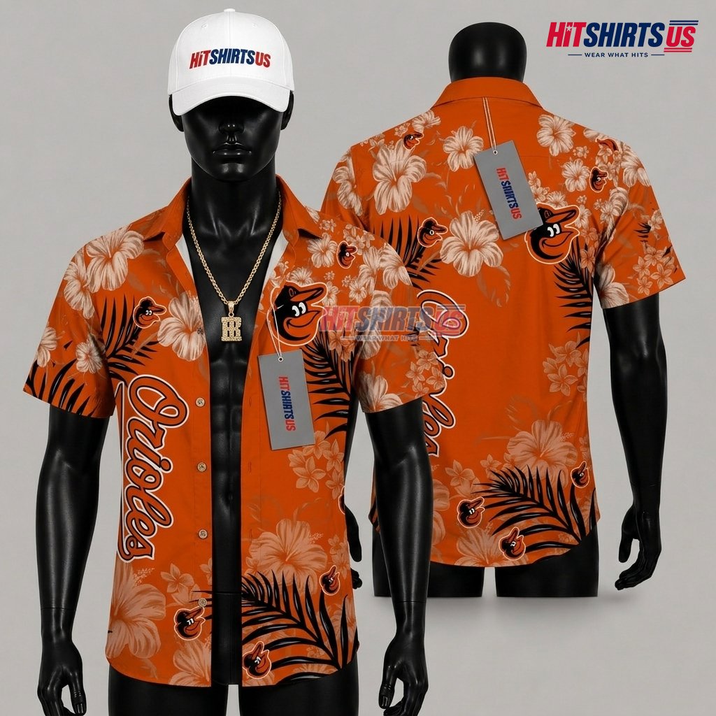 Baltimore Orioles Hawaiian Shirt Vertical Script Fern Hibiscus Front