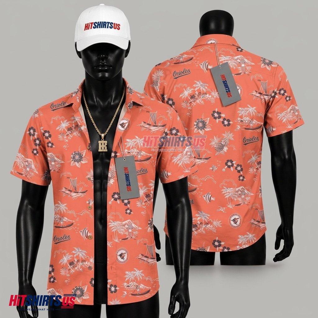 Baltimore Orioles Hawaiian Shirt Vintage Surfer Beach Scene Front