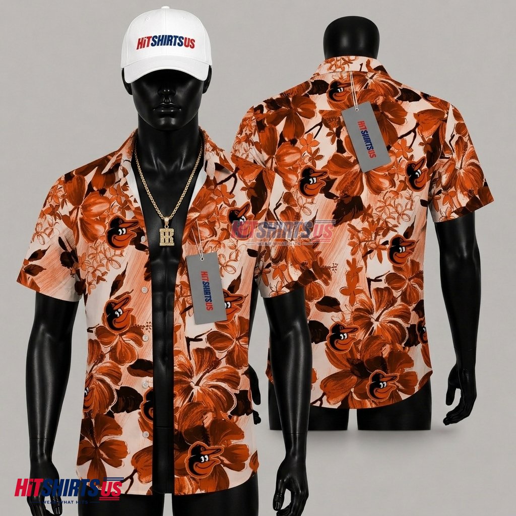 Baltimore Orioles Hawaiian Shirt Watercolor Hibiscus Floral Mascot Front