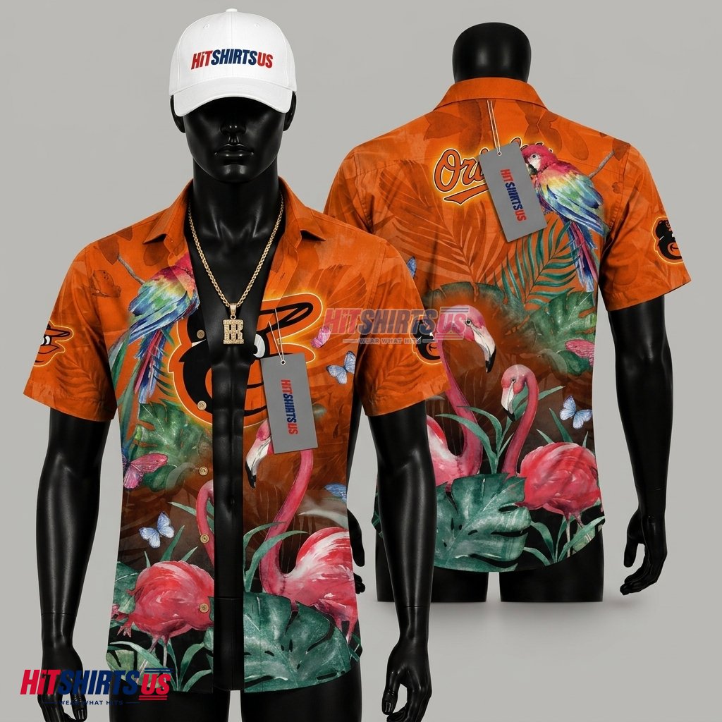 Baltimore Orioles Tropical Shirt MLB Flamingo Macaw Butterfly Front