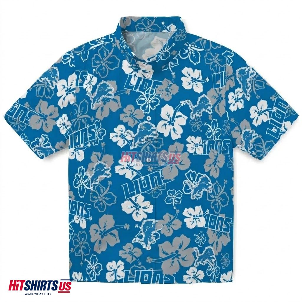 Detroit Lions Hawaiian Shirt Hibiscus Floral Print Pattern Front