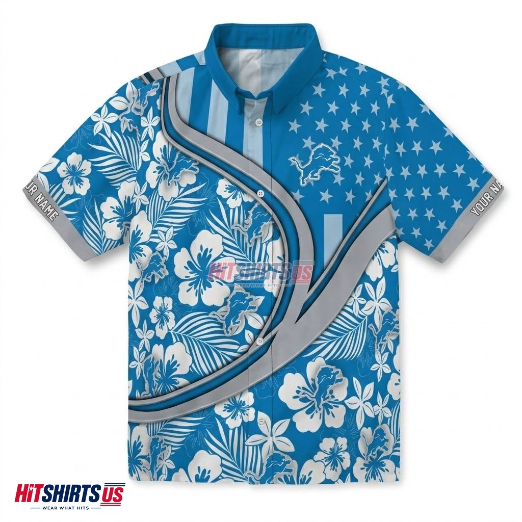 Personalized Hibiscus American Flag Detroit Lions Hawaiian Shirt Front